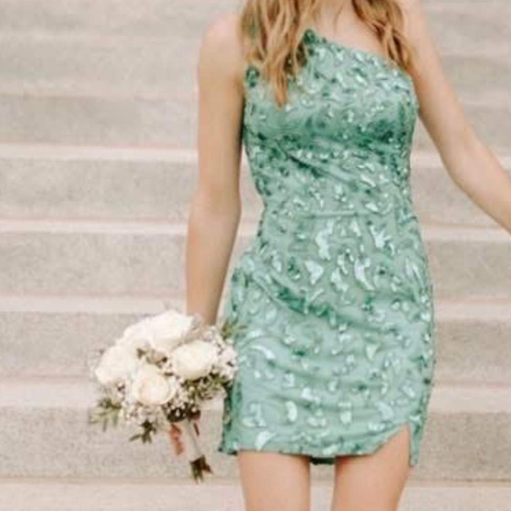 One-Shoulder Green Mini Dress, Homecoming
